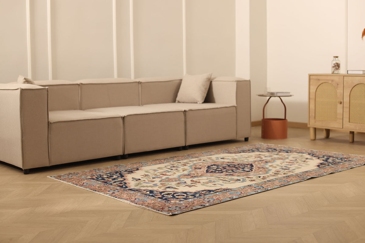 Vintage Isparta Turkish Area Rug 5x8 ft — Beige & Blue Floral