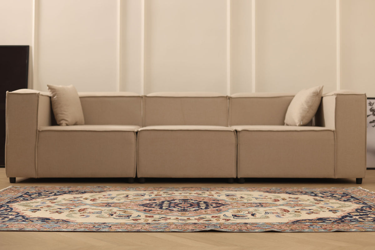 Vintage Isparta Turkish Area Rug 5x8 ft — Beige & Blue Floral