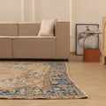 Vintage Isparta Turkish Area Rug 7x9 ft — Brown & Blue Geometric