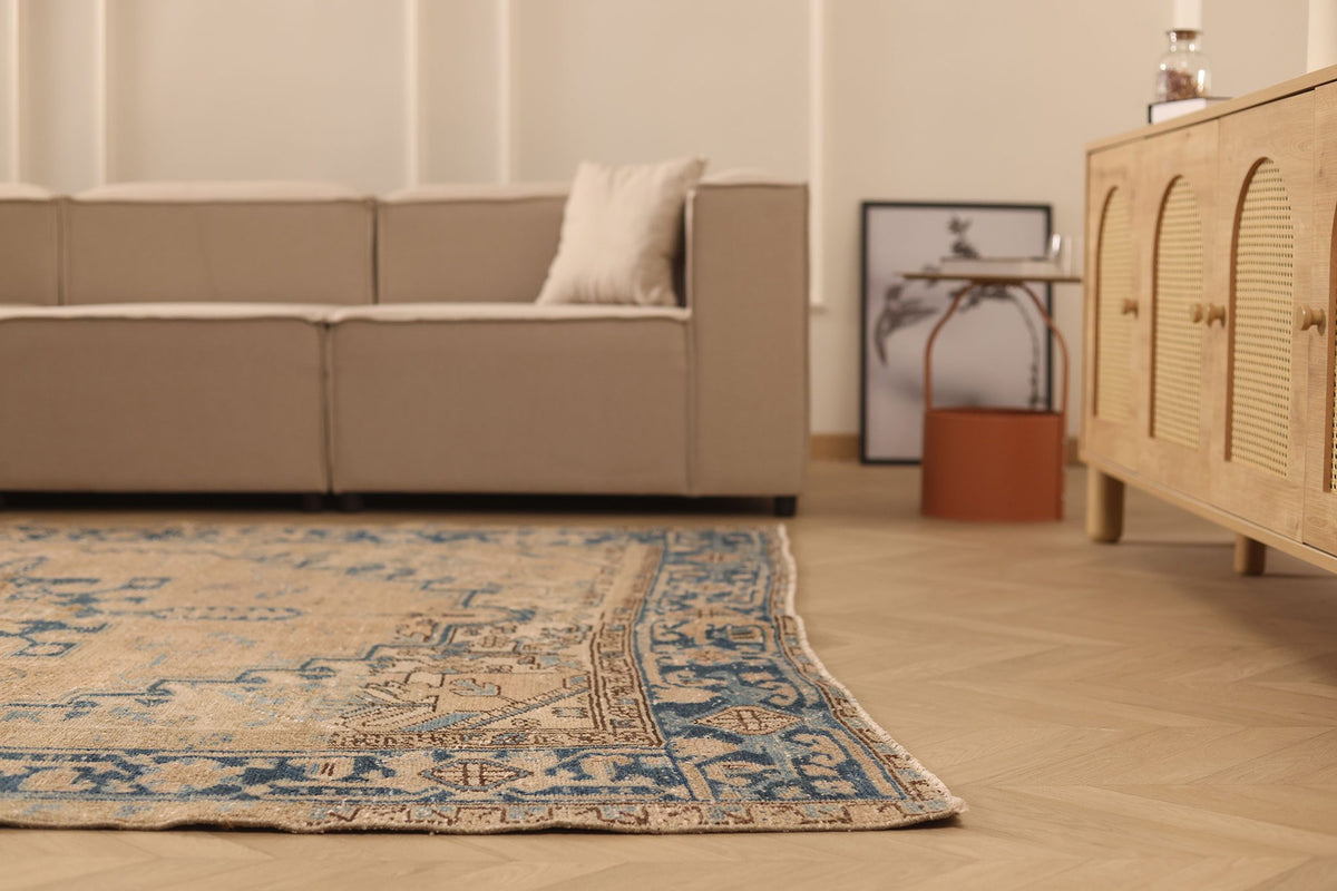 Vintage Isparta Turkish Area Rug 7x9 ft — Brown & Blue Geometric