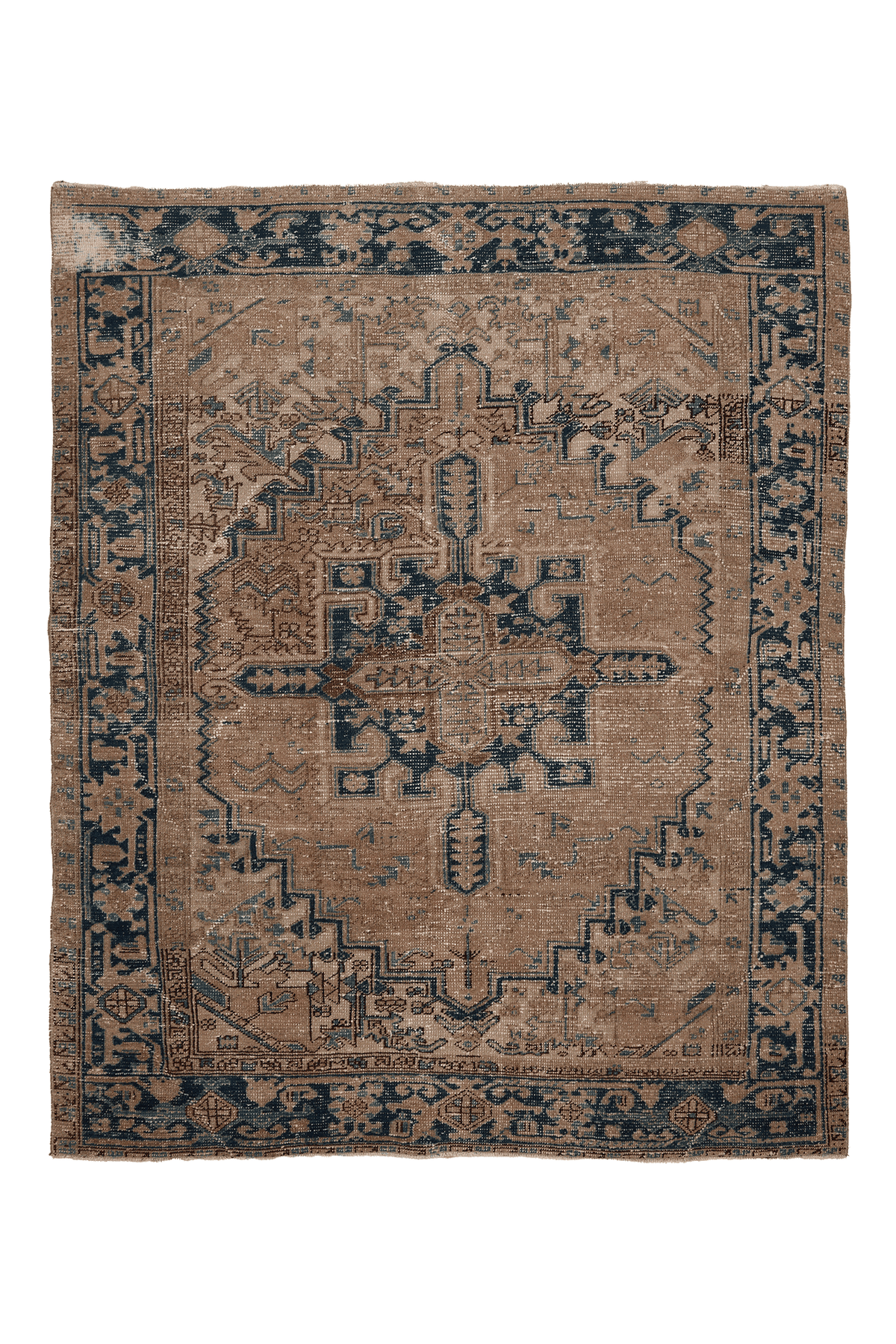 Vintage Isparta Turkish Area Rug 7x9 ft — Brown & Blue Geometric