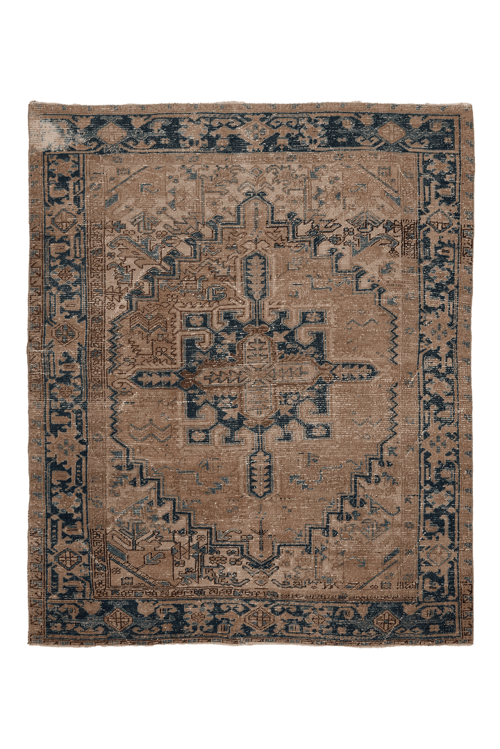 Vintage Isparta Turkish Area Rug 7x9 ft — Brown & Blue Geometric