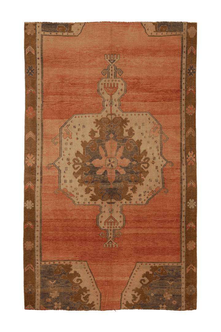Vintage Sivas Turkish Area Rug 5x9 ft — Orange & Brown Geometric