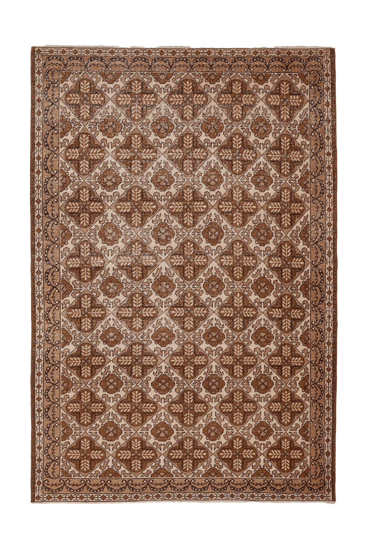 Vintage Uşak Turkish Area Rug 5x7 ft — Brown & Beige Floral