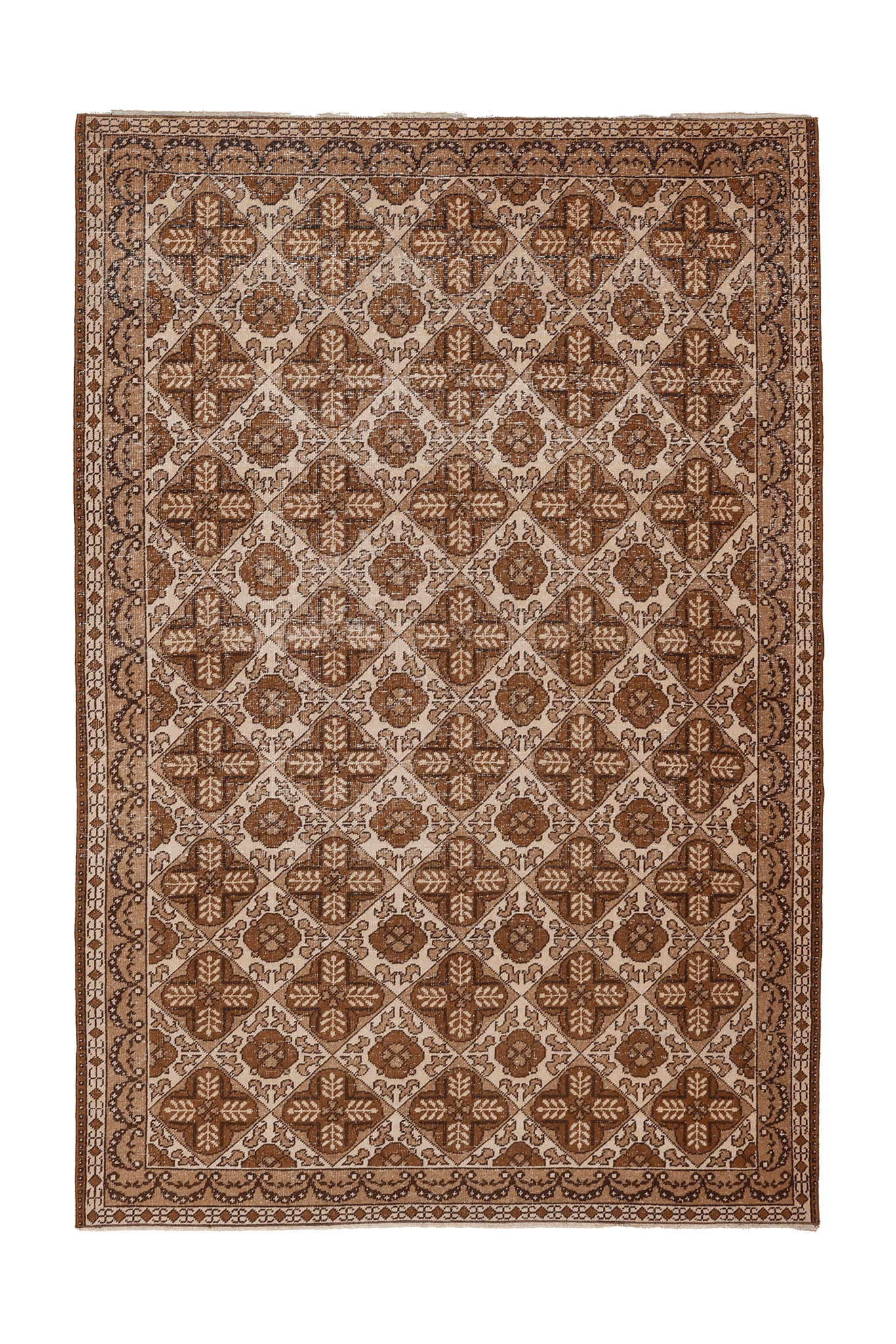Vintage Uşak Turkish Area Rug 5x7 ft — Brown & Beige Floral