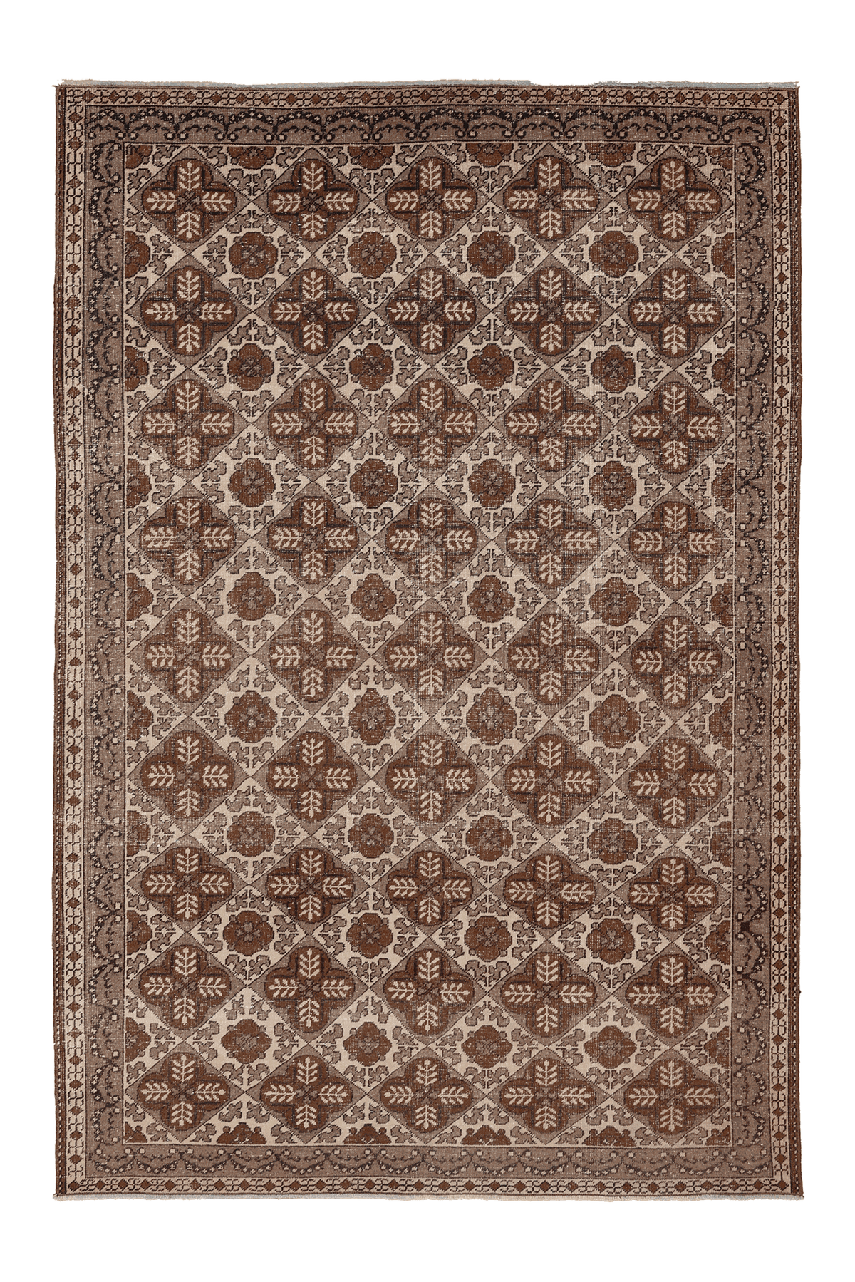 Vintage Uşak Turkish Area Rug 5x7 ft — Brown & Beige Geometric