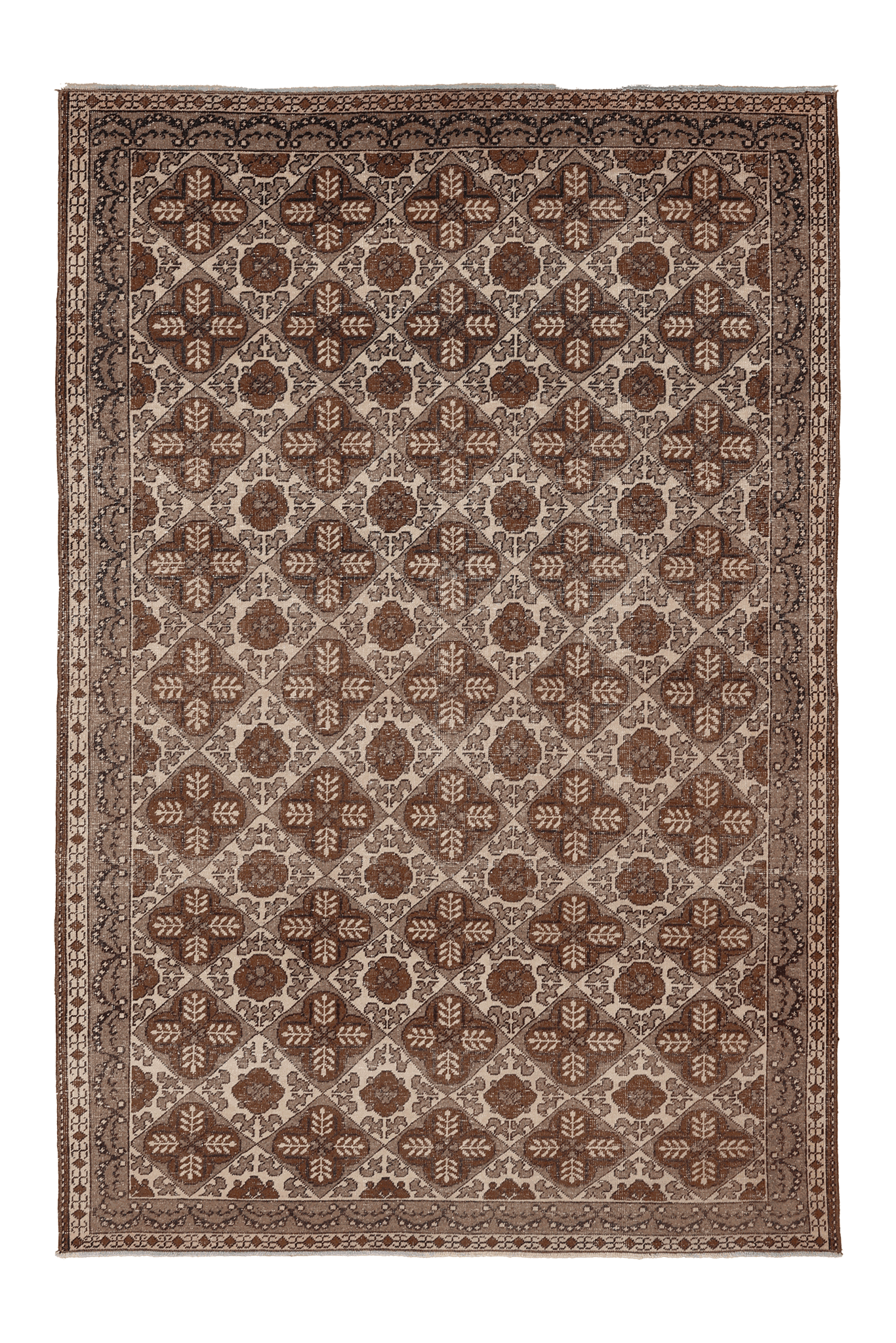 Vintage Uşak Turkish Area Rug 5x7 ft — Brown & Beige Geometric