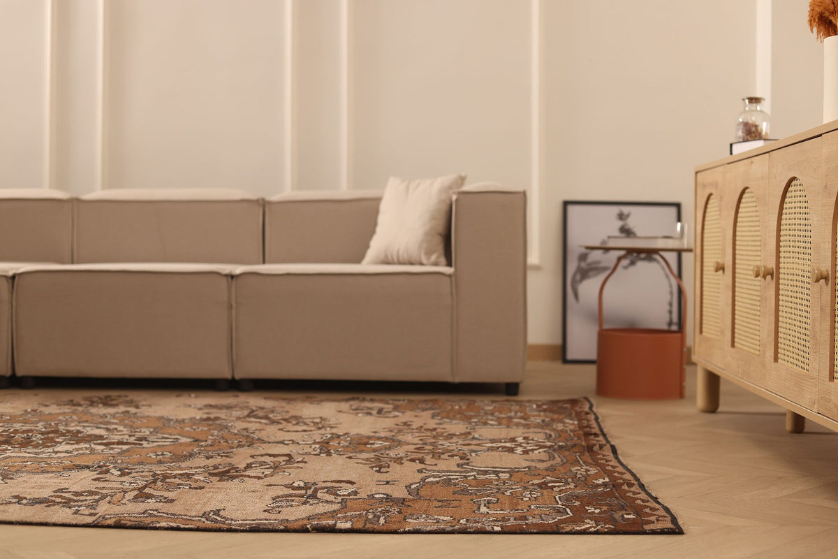 Vintage Kars Turkish Area Rug 6x10 ft — Brown & Beige Floral