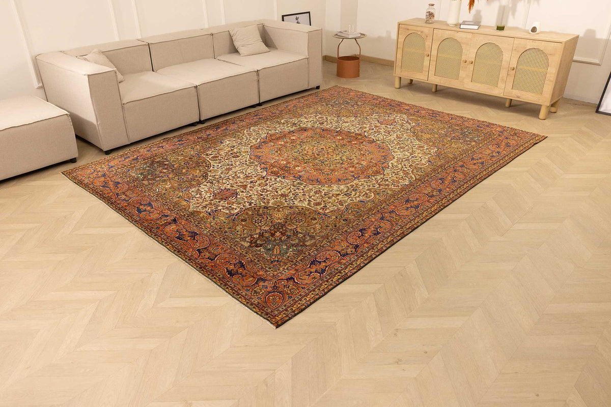 Vintage Konya Turkish Area Rug 8x11 ft — Beige & Orange Medallion