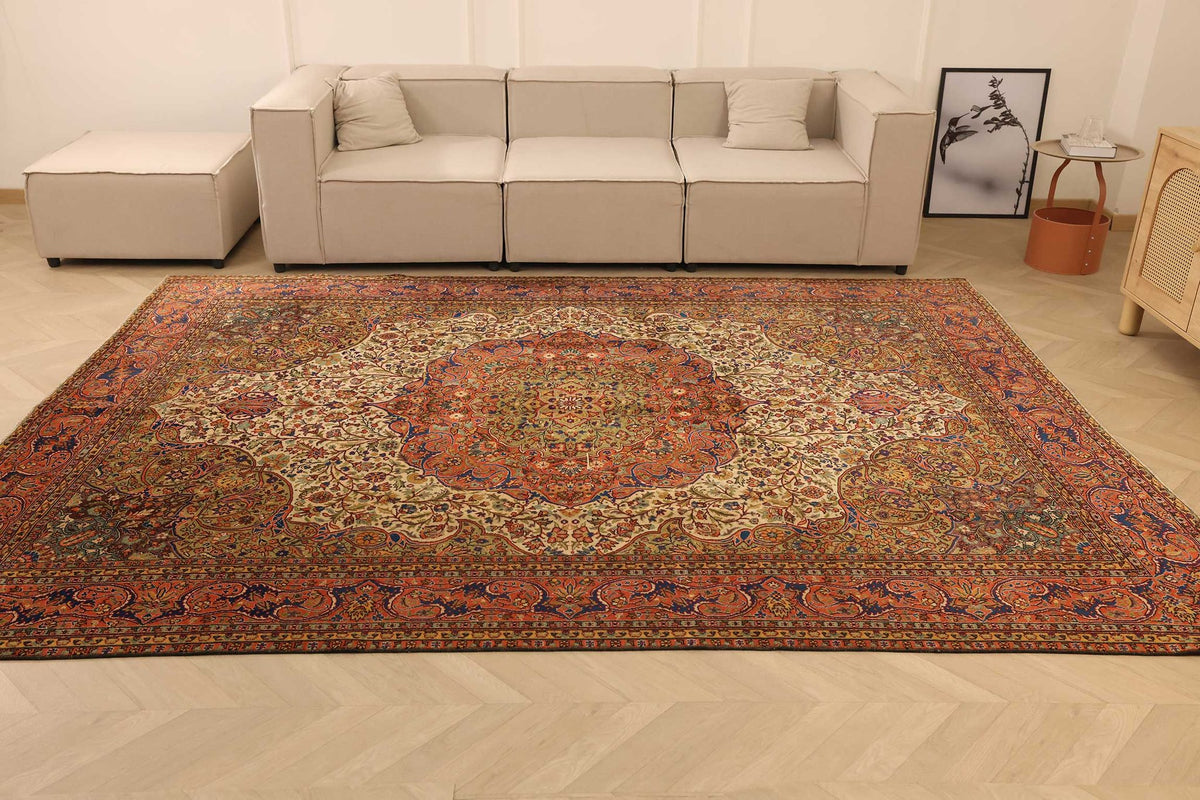 Vintage Konya Turkish Area Rug 8x11 ft — Beige & Orange Medallion