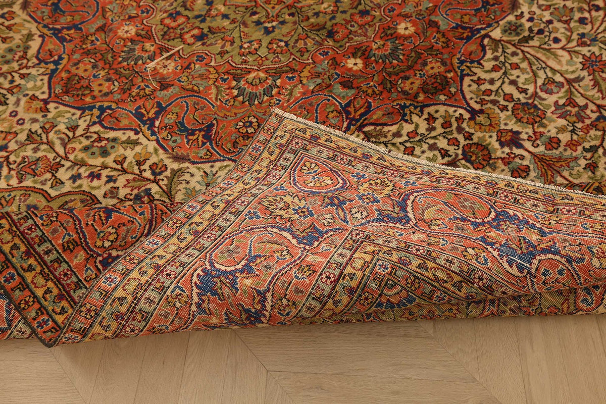 Vintage Konya Turkish Area Rug 8x11 ft — Beige & Orange Medallion