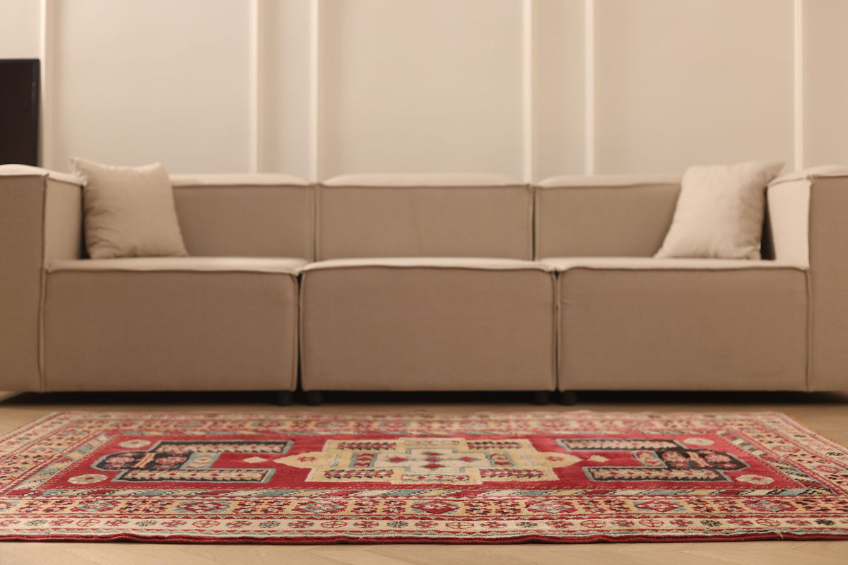 Vintage Konya Turkish Area Rug 5x7 ft — Red & Beige Geometric