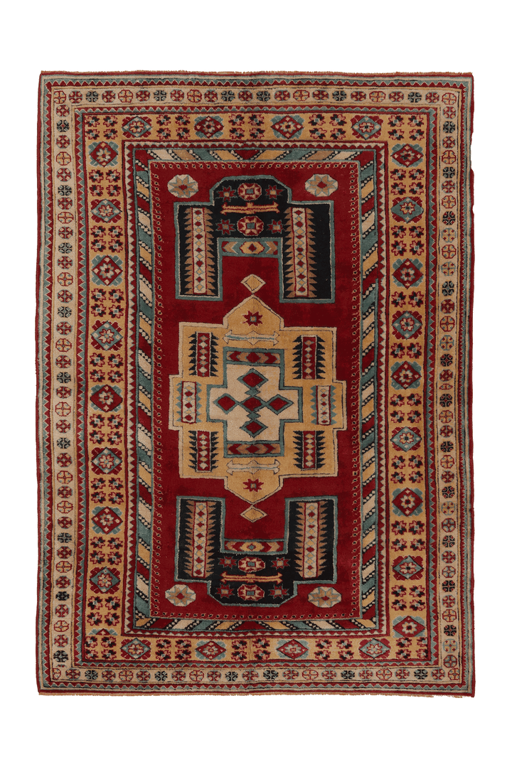 Vintage Konya Turkish Area Rug 5x7 ft — Red & Beige Geometric