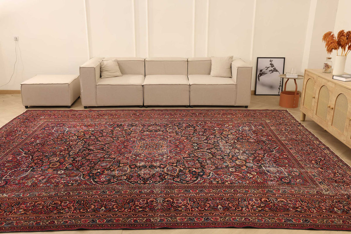 Vintage Southeastern Persian Style Oversize Rug 10x14 ft — Red & Blue Medallion