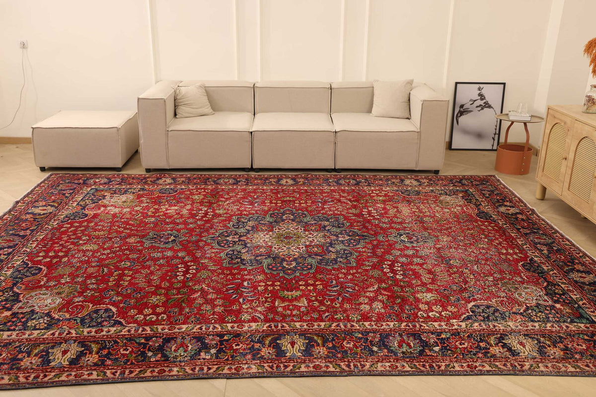 Vintage Southeastern Persian Style Oversize Rug 10x13 ft — Red & Blue Medallion