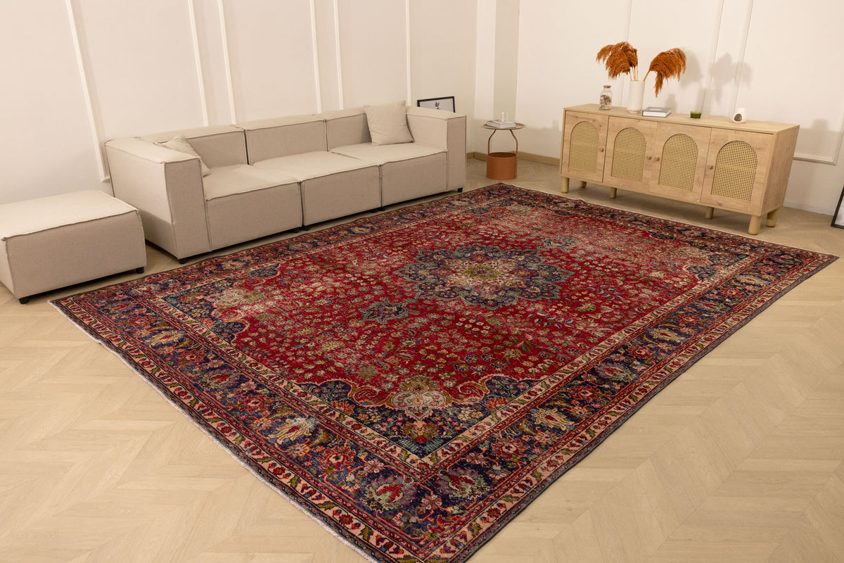 Vintage Southeastern Persian Style Oversize Rug 10x13 ft — Red & Blue Medallion