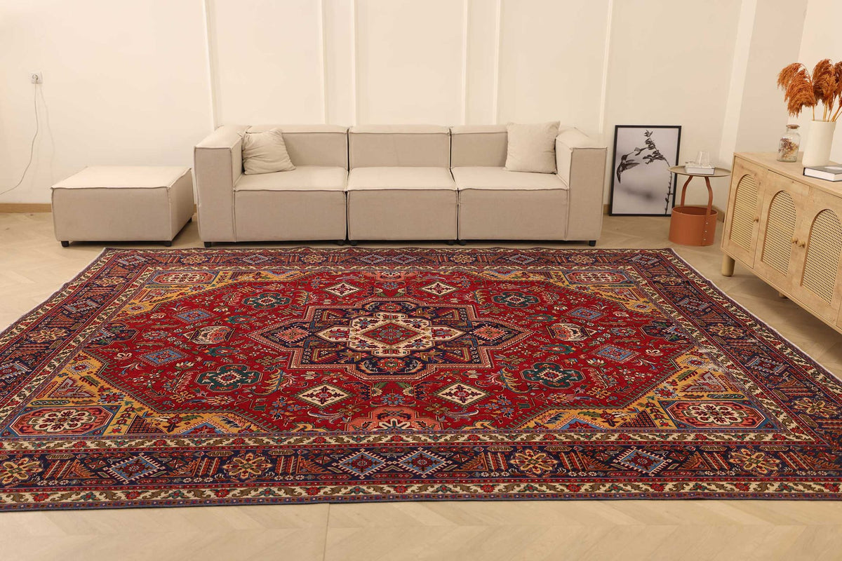 Vintage Southeastern Persian Style Oversize Rug 10x13 ft — Red & Blue Medallion