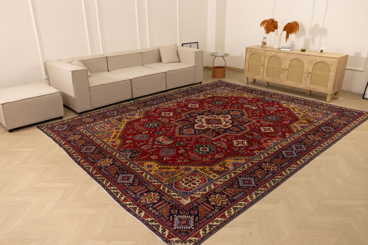 Vintage Southeastern Persian Style Oversize Rug 10x13 ft — Red & Blue Medallion