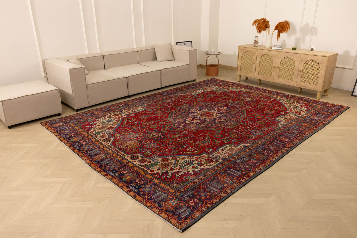 Vintage Southeastern Persian Style Oversize Rug 9x13 ft — Red & Blue Medallion