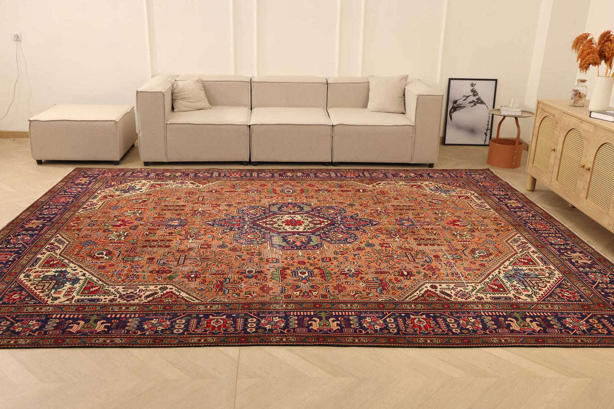 Vintage Southeastern Persian Style Oversize Rug 10x13 ft — Brown & Blue Medallion