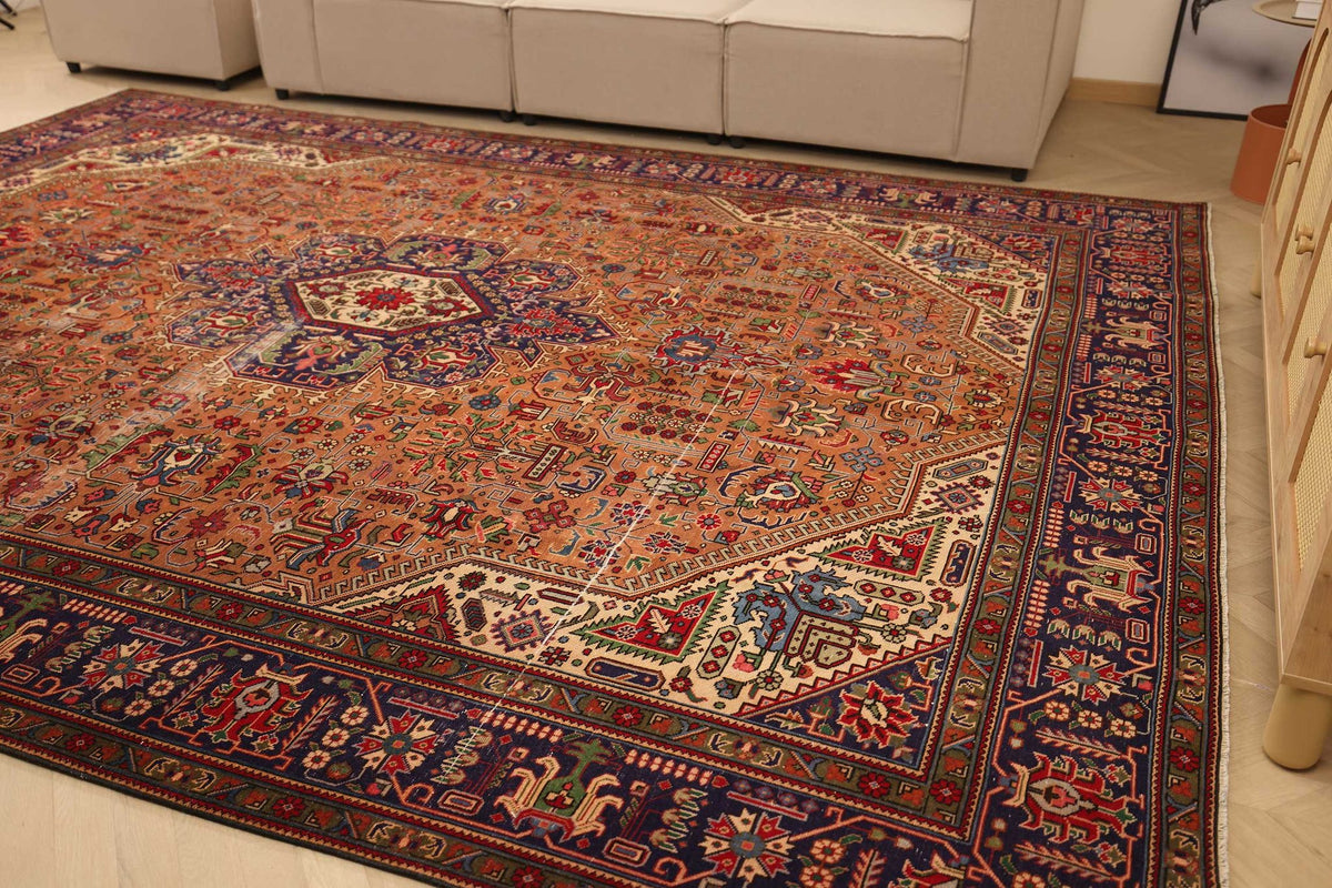 Vintage Southeastern Persian Style Oversize Rug 10x13 ft — Brown & Blue Medallion