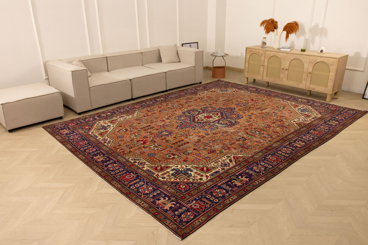 Vintage Southeastern Persian Style Oversize Rug 10x13 ft — Brown & Blue Medallion