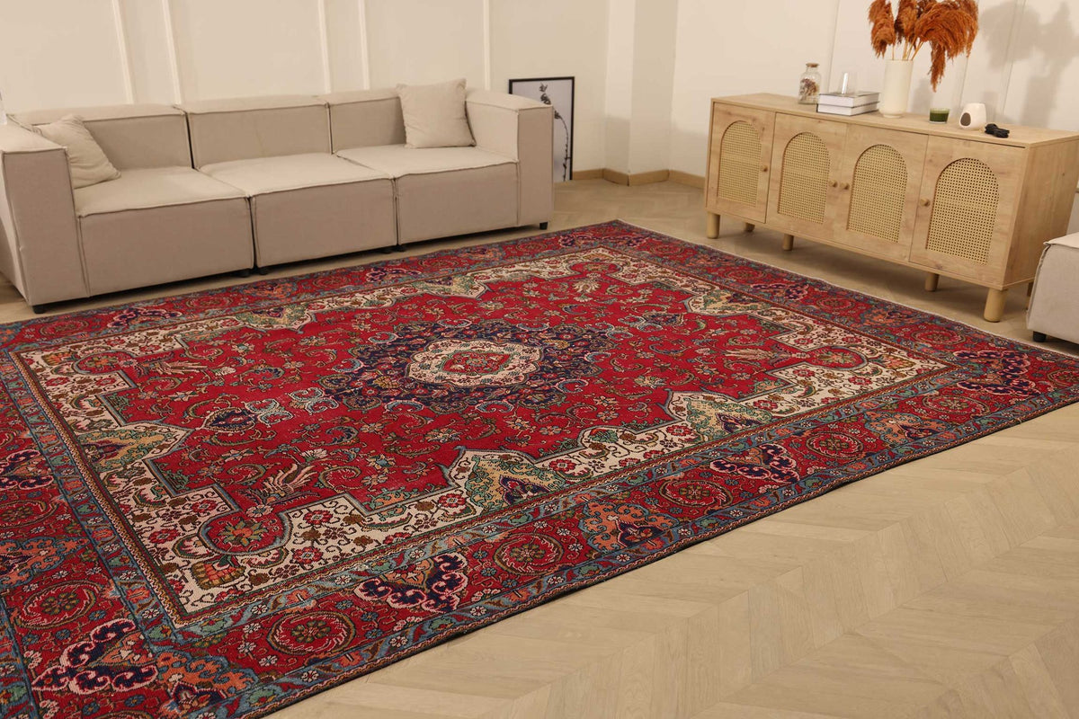 Vintage Southeastern Persian Style Oversize Rug 10x13 ft — Red & Blue Medallion
