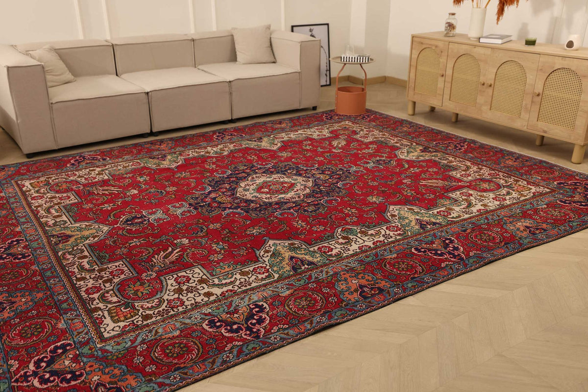 Vintage Southeastern Persian Style Oversize Rug 10x13 ft — Red & Blue Medallion