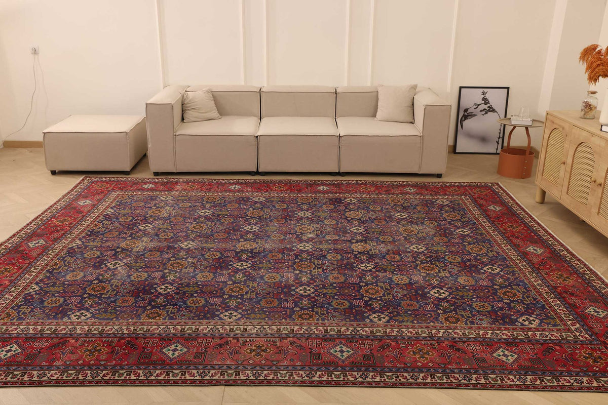 Vintage Southeastern Persian Style Oversize Rug 10x13 ft — Blue & Red Floral