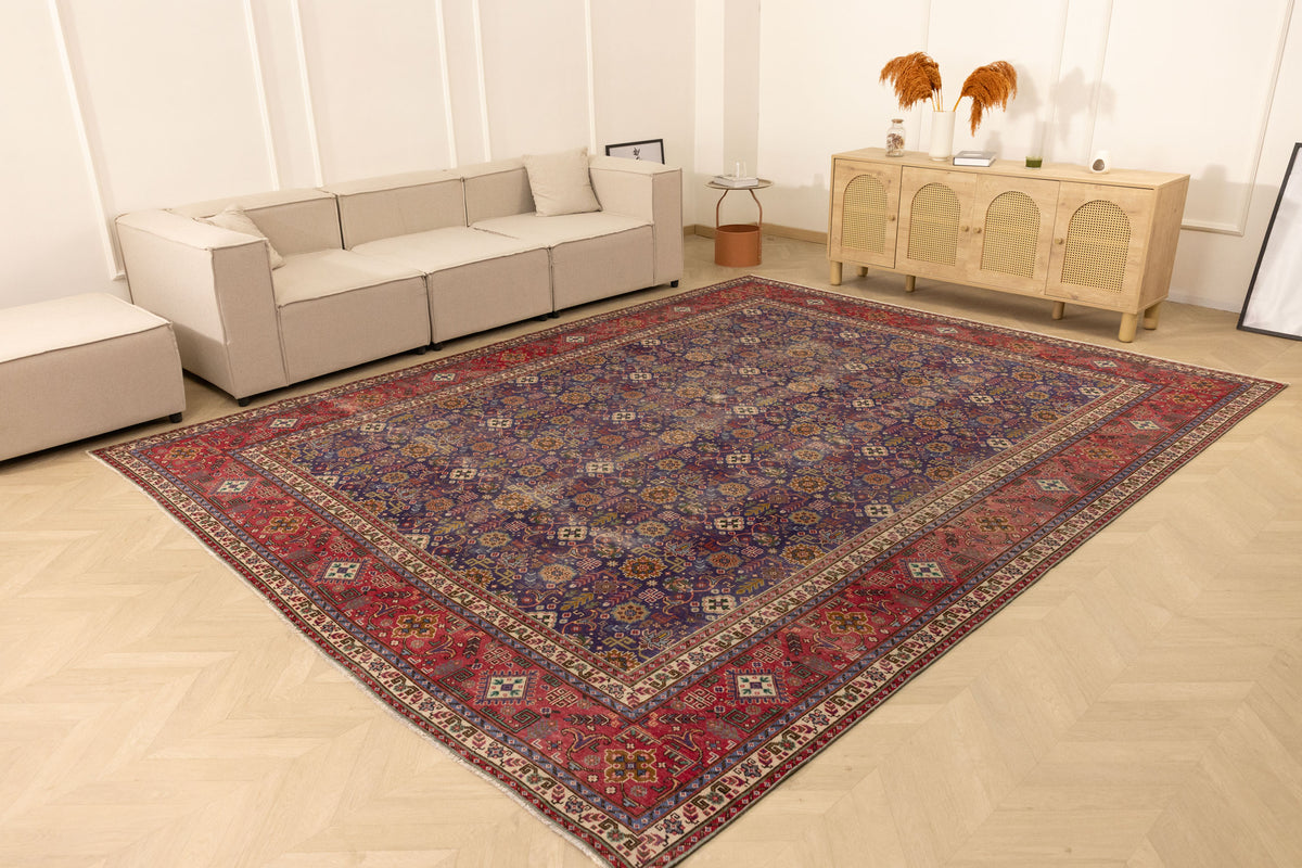 Vintage Southeastern Persian Style Oversize Rug 10x13 ft — Blue & Red Floral