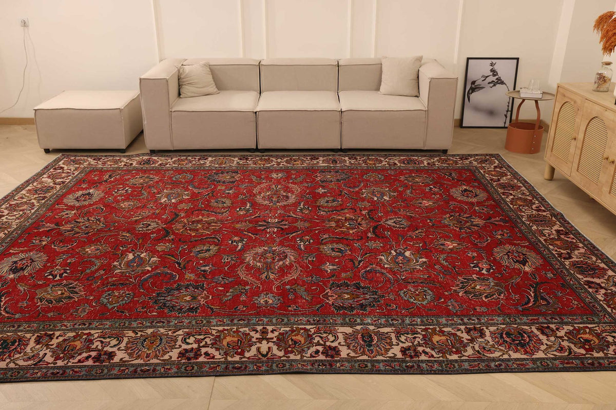 Vintage Southeastern Persian Style Oversize Rug 10x13 ft — Red & Beige Floral