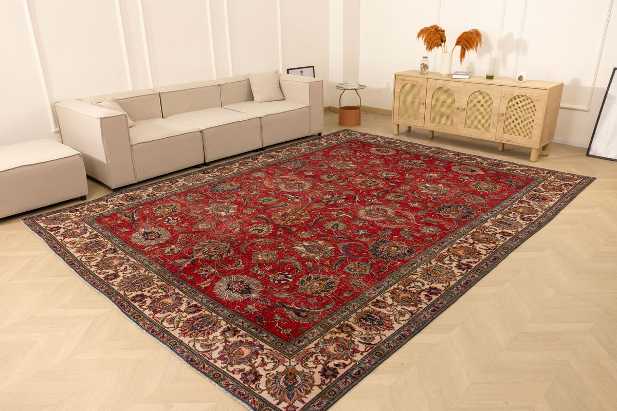 Vintage Southeastern Persian Style Oversize Rug 10x13 ft — Red & Beige Floral