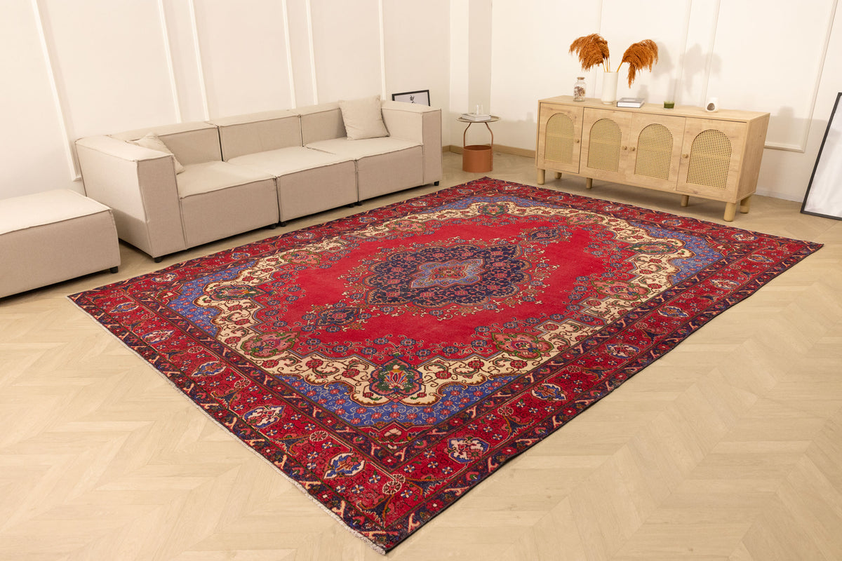 Vintage Southeastern Persian Style Oversize Rug 9x13 ft — Red & Blue Medallion
