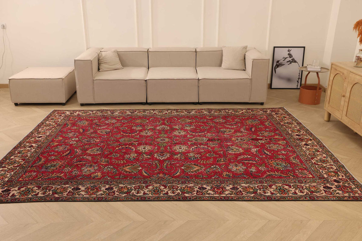 Vintage Southeastern Persian Style Oversize Rug 8x11 ft — Red & Beige Floral