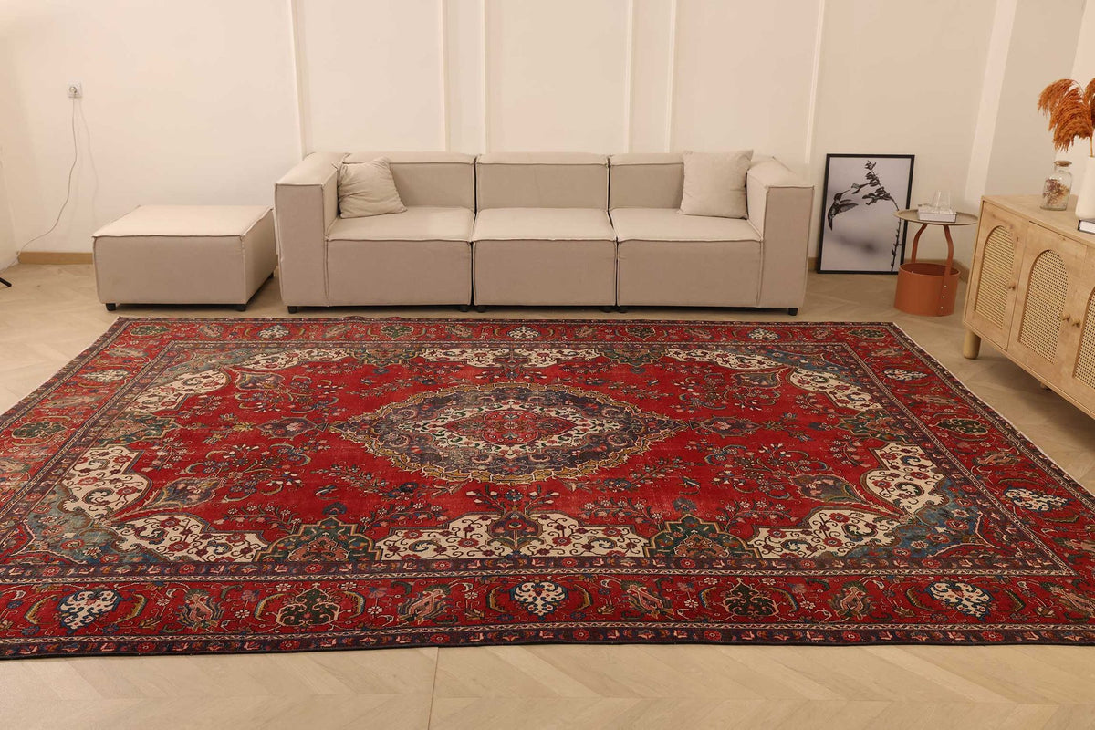 Vintage Southeastern Persian Style Oversize Rug 10x13 ft — Red & Blue Medallion