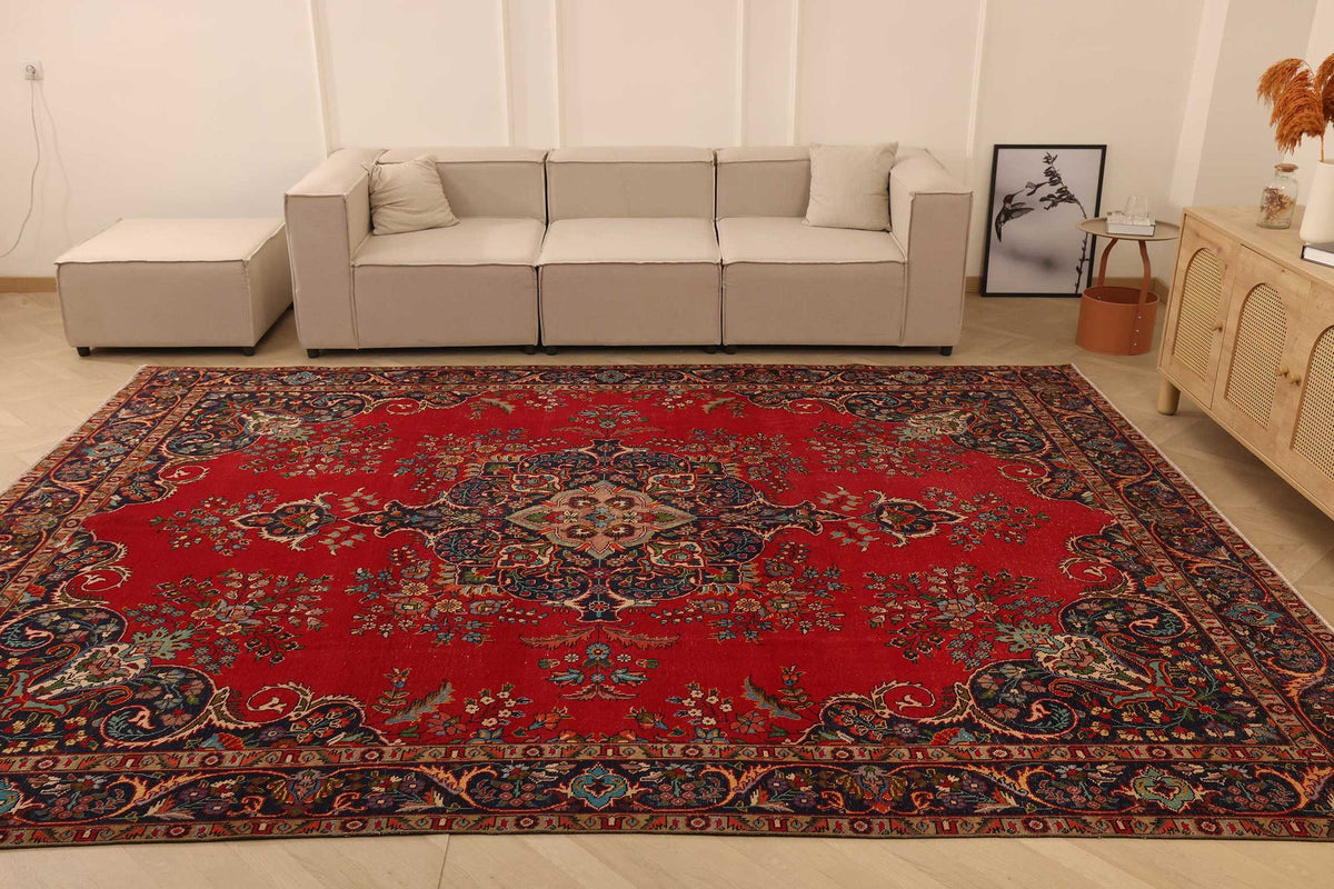 Vintage Southeastern Persian Style Oversize Rug 10x13 ft — Red & Blue Medallion