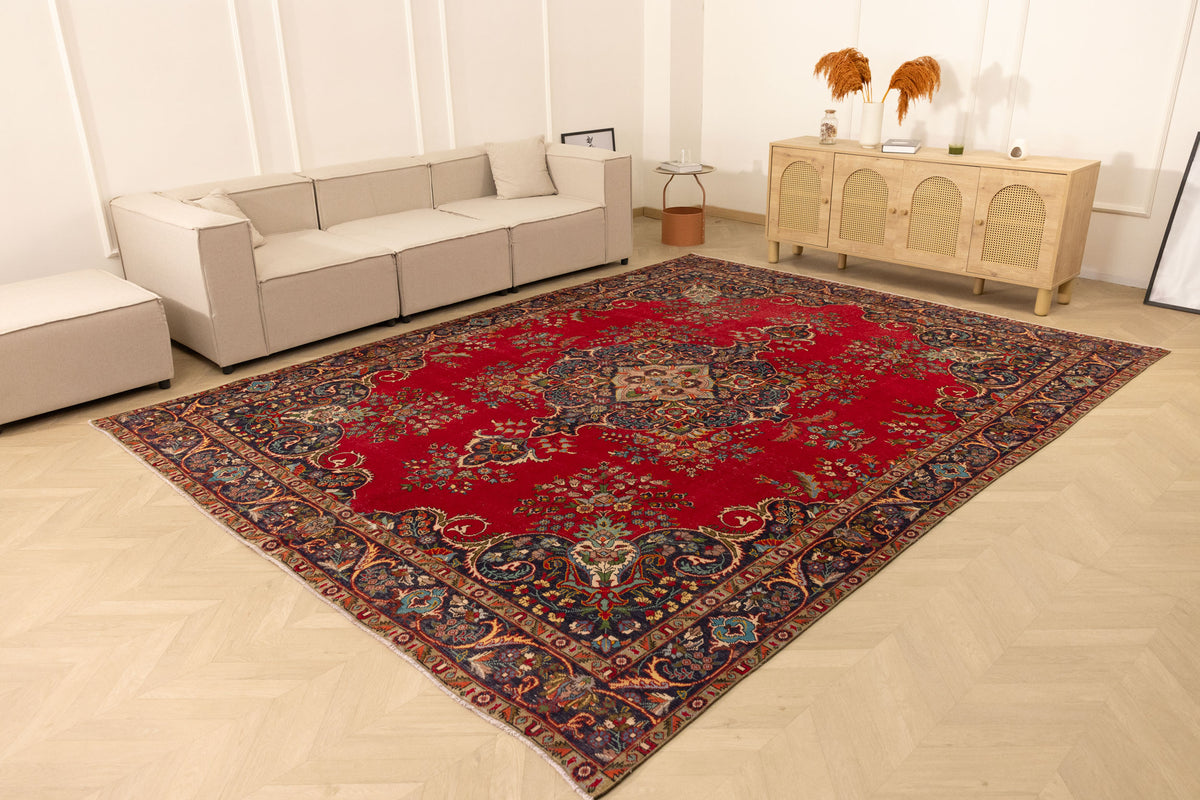 Vintage Southeastern Persian Style Oversize Rug 10x13 ft — Red & Blue Medallion