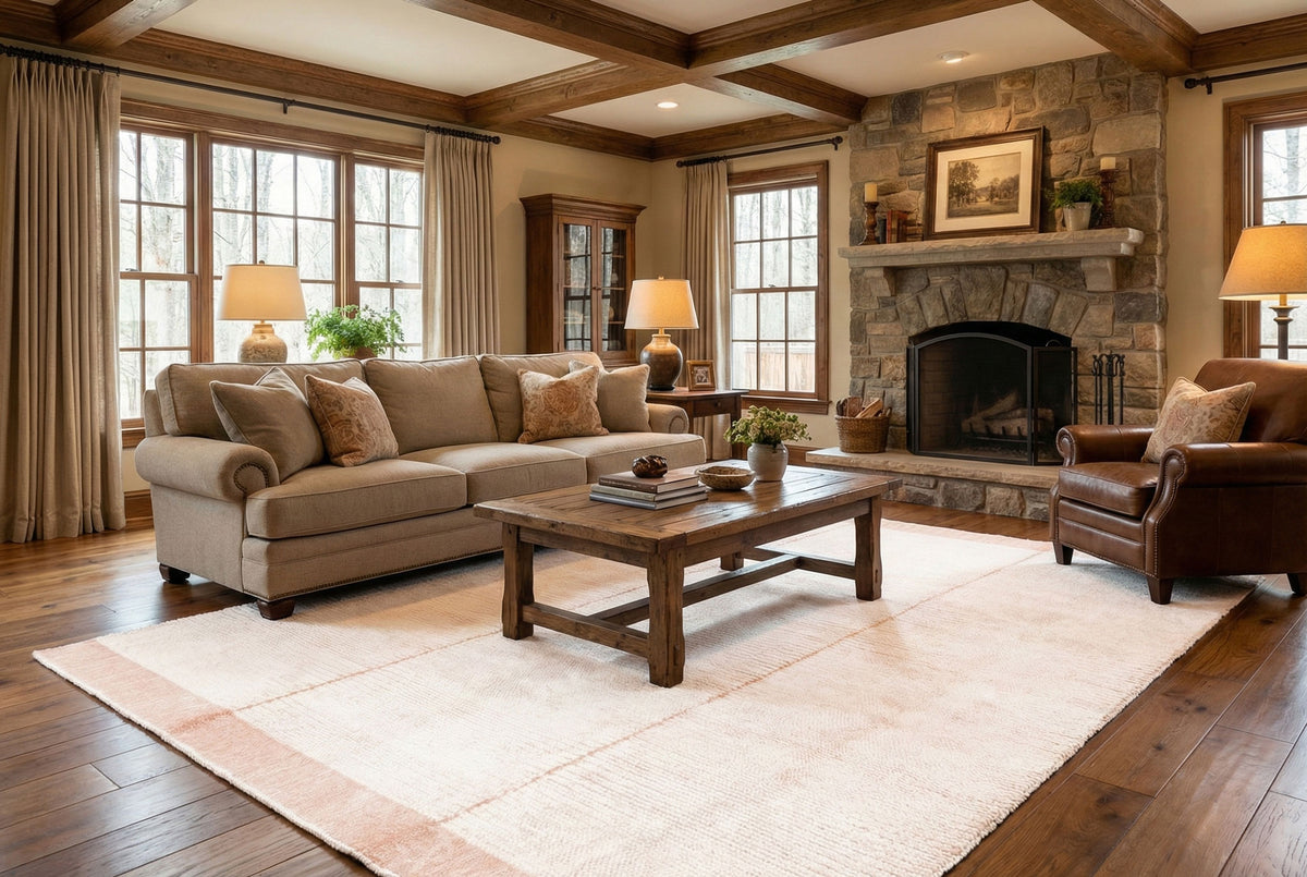 Soft apricot shaggy wool rug with a thick, textured pile in a cozy, rustic living room with hardwood floors.