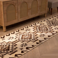 Handmade white and brown geometric wool-cotton Kilim runner rug, 2.9 x 11.2 ft, in a farmhouse-style interior.