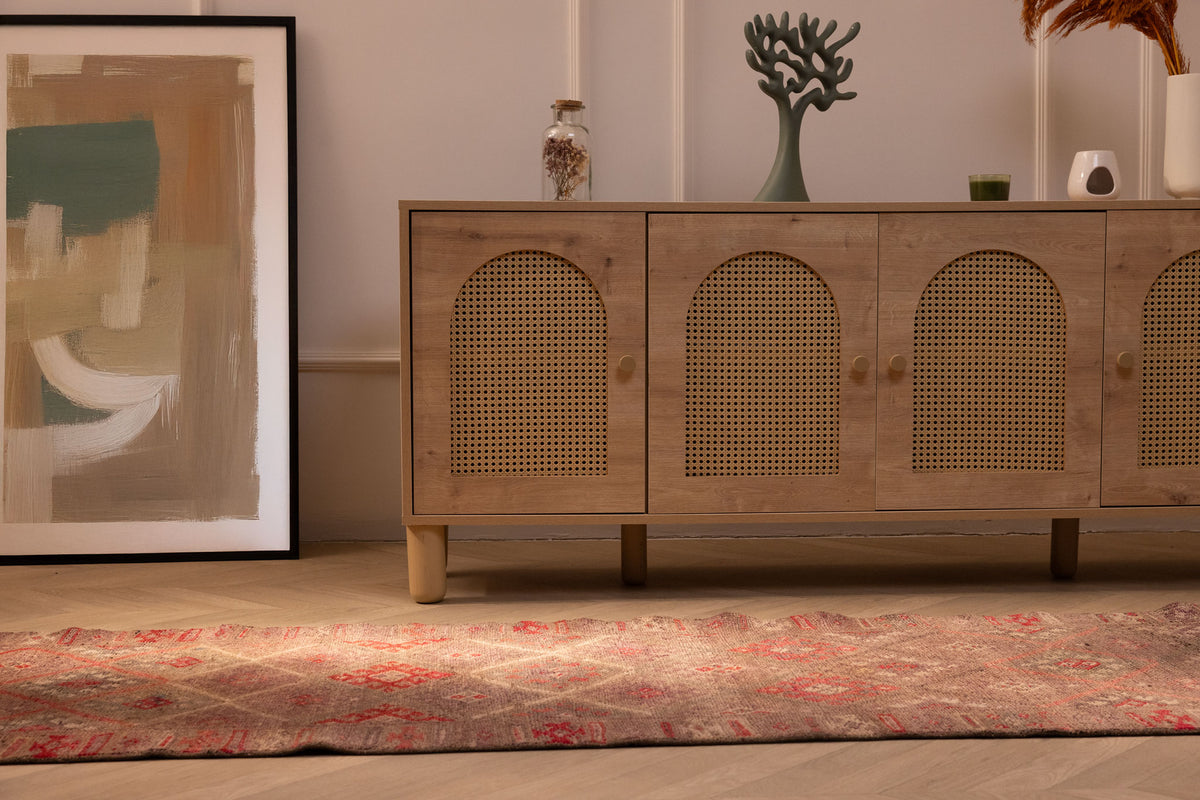Handmade brown Persian-style runner rug in wool and cotton with geometric Bohemian patterns, 2.7 x 13.2 ft.