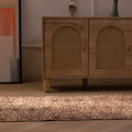 Vintage Isparta wool and cotton runner rug with white and beige floral patterns in a farmhouse hallway setting.