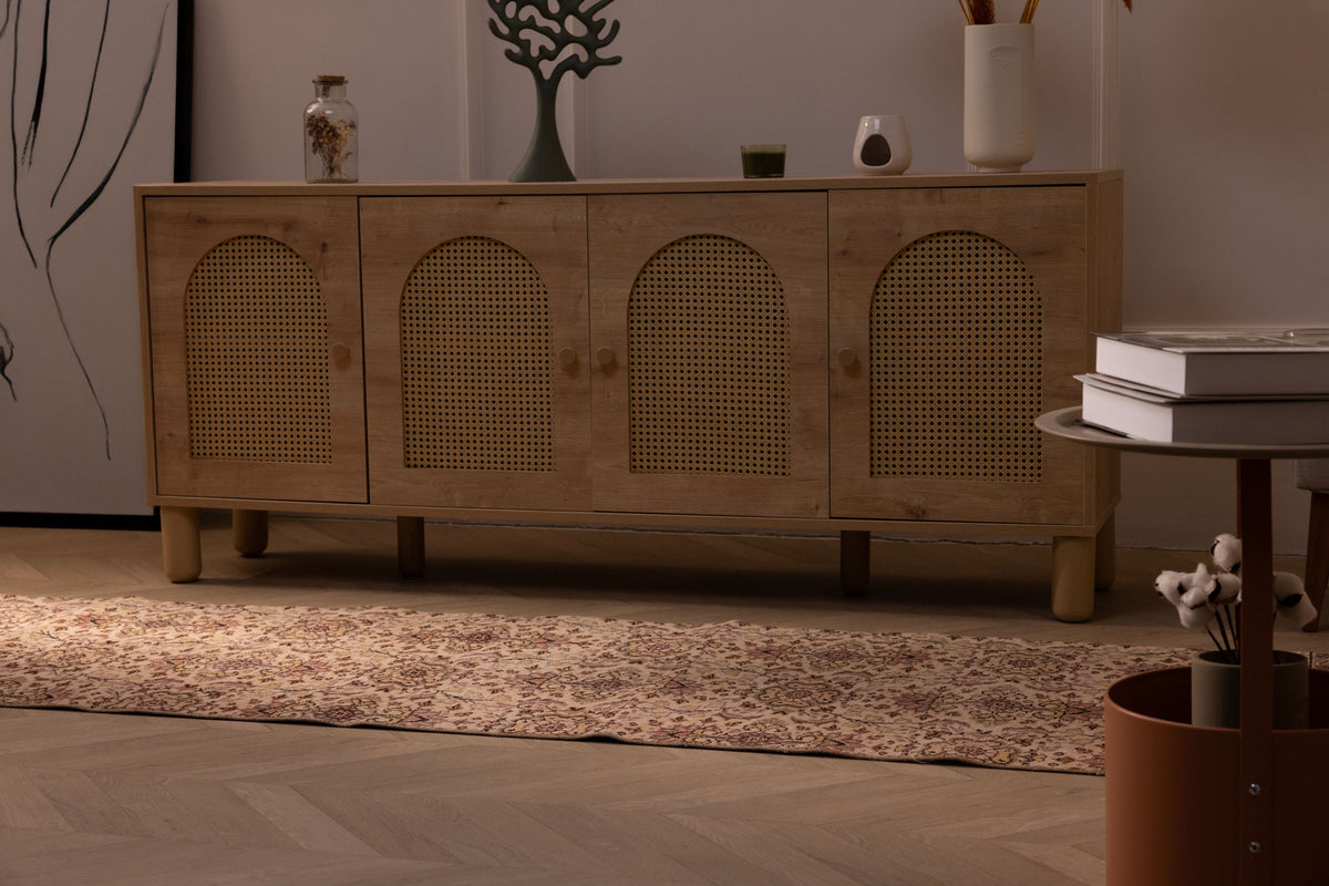 Vintage Isparta Turkish runner rug in white and beige floral wool and cotton, displayed in a farmhouse interior.