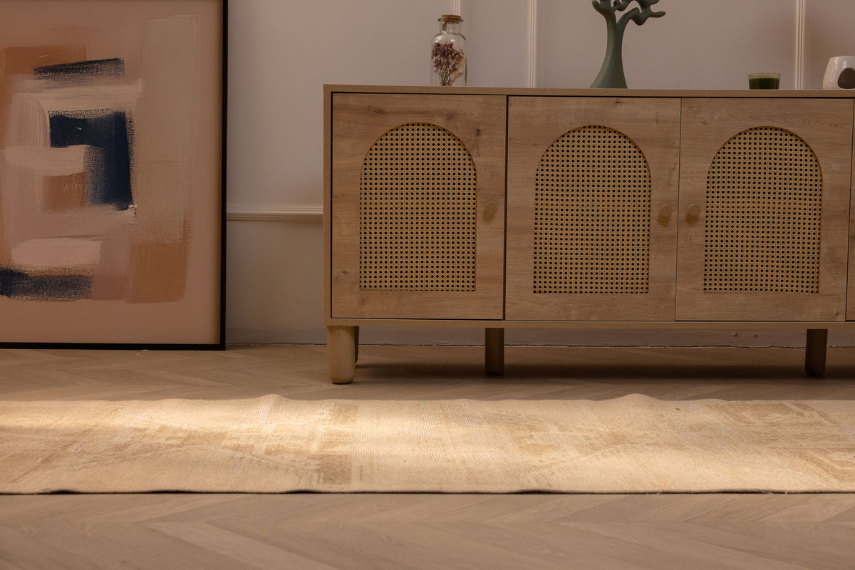 Hand-woven vintage Malatya Turkish runner rug in beige and brown wool and cotton with geometric patterns.