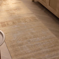 Hand-woven beige and brown geometric Turkish runner rug in wool and cotton, 2x10 ft farmhouse style.