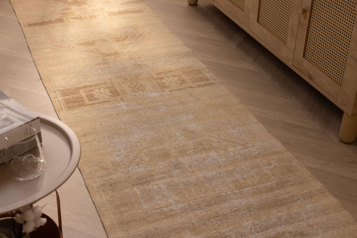 Hand-woven beige and brown geometric Turkish runner rug in wool and cotton, 2x10 ft farmhouse style.