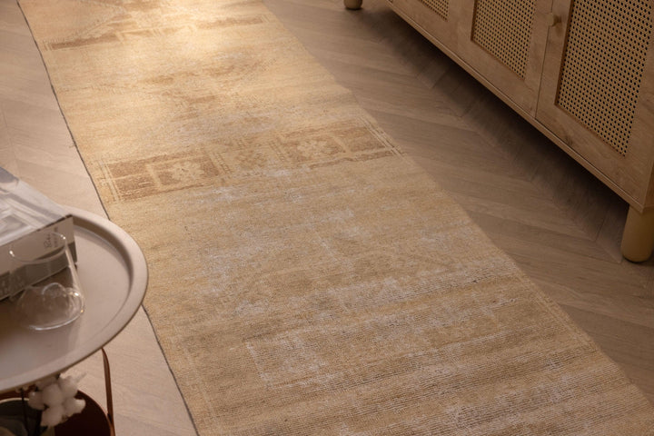 Hand-woven beige and brown geometric Turkish runner rug in wool and cotton, 2x10 ft farmhouse style.