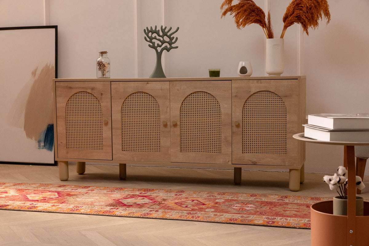 Handmade 2.6 x 13.5 ft Persian-style runner rug in red and orange wool-cotton blend with bohemian floral patterns.