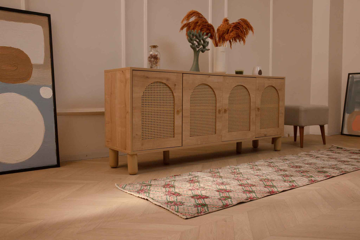 Vintage beige and pink floral Turkish runner rug, 2.3x8.6 ft, handmade wool and cotton with a distressed bohemian design.