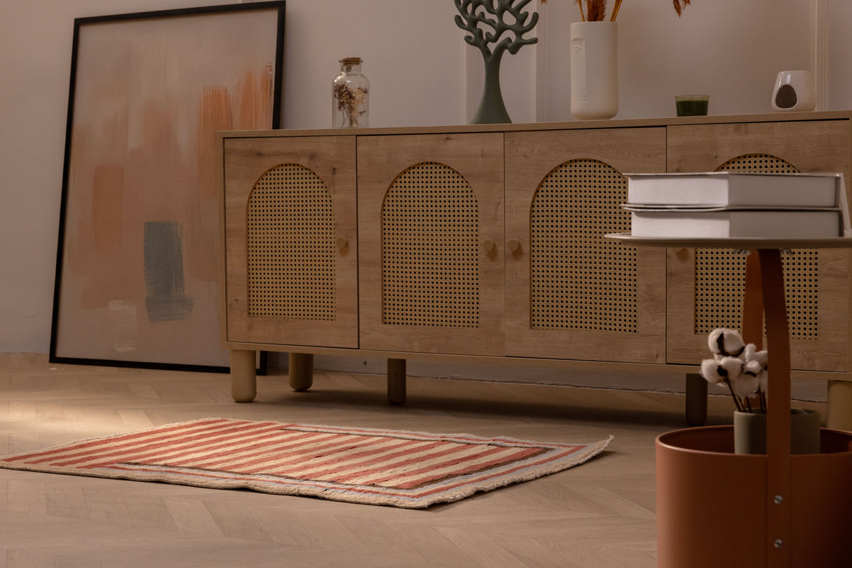 Hand-woven 2x3 ft vintage Isparta rug in red and beige stripes, crafted from wool and cotton in a modern style.
