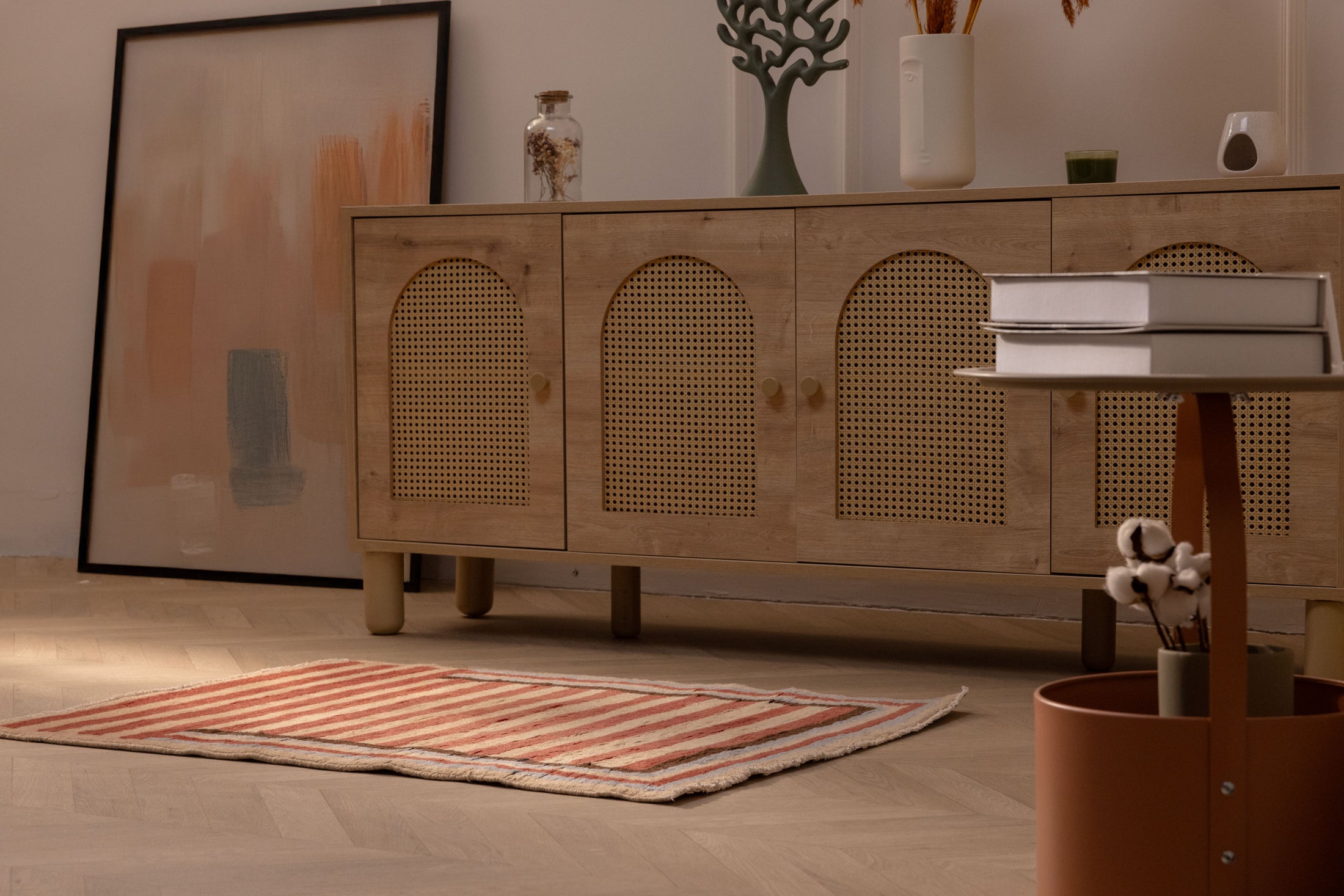 Hand-woven 2x3 ft vintage Isparta rug in red and beige stripes, crafted from wool and cotton in a modern style.